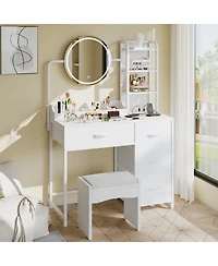 Homfan Modern Vanity Desk with Led Mirror, Adjustable Lights, Fabric Drawers, Power Outlet and Storage Shelves for Bedroom