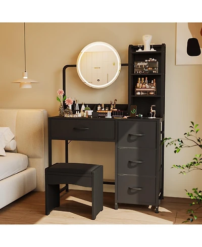 Homfan Modern Vanity Desk with Led Mirror, Adjustable Lights, Fabric Drawers, Power Outlet and Storage Shelves for Bedroom