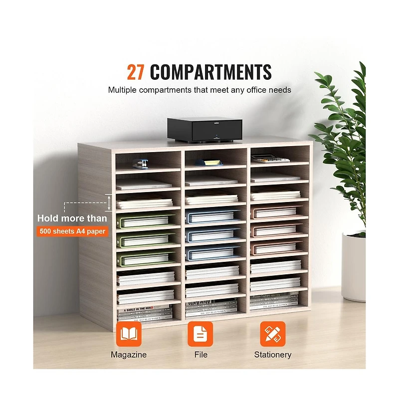 Sugift 27-Compartment Wood Literature Organizer with Adjustable Shelves for Mail Sorting and File Management