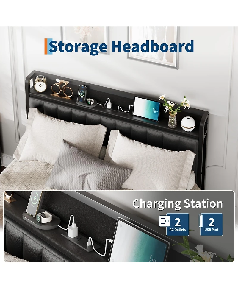 gaomon Size Bed Frame with Charging Station, Faux Leather Headboard and and Footboard