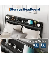 gaomon Size Bed Frame with Charging Station, Faux Leather Headboard and and Footboard