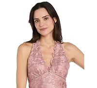 R & M Richards Petite Halter V-Neck Stretch Lace Ball Gown