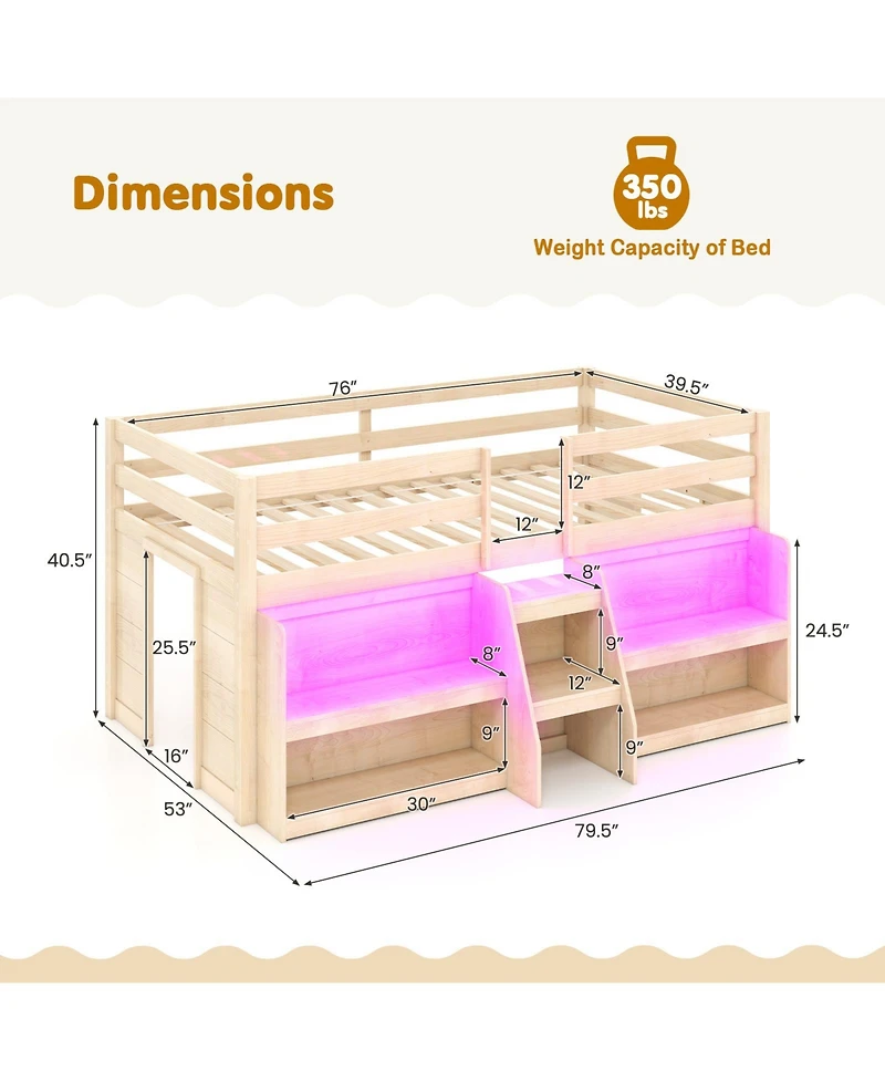 Slickblue Loft Bed Frame with Led Lights, Staircase Ladder and Safety Guardrails, Space Saver