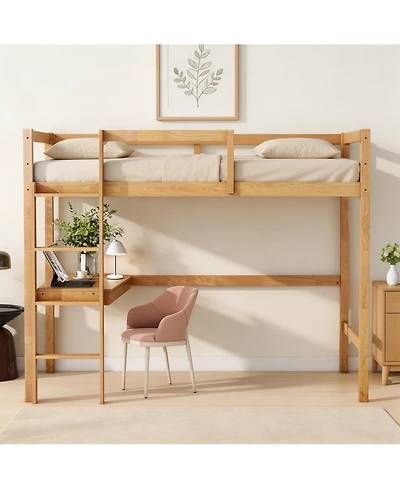 Sailvan High Loft Bed, Rubber Wood Loft Bed with Safety Guardrail, Built-in Desk and Ladder