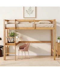 Sailvan High Loft Bed, Rubber Wood Loft Bed with Safety Guardrail, Built-in Desk and Ladder