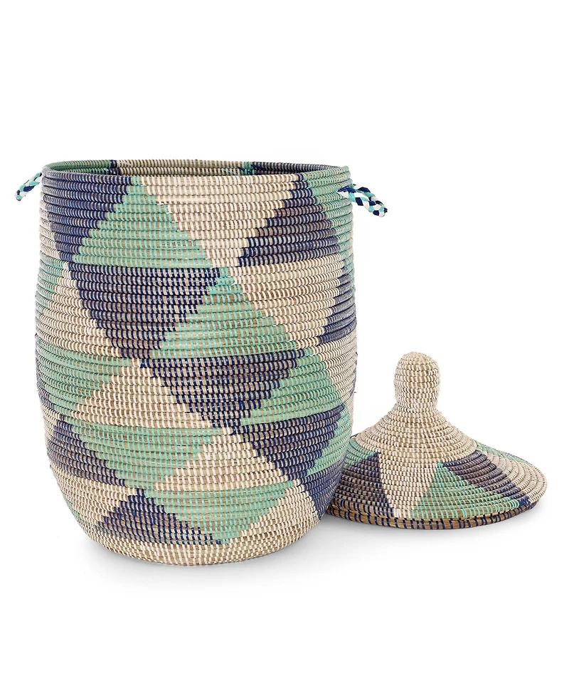 African Modern, Large Blue and White Triangles Lidded Hamper Basket