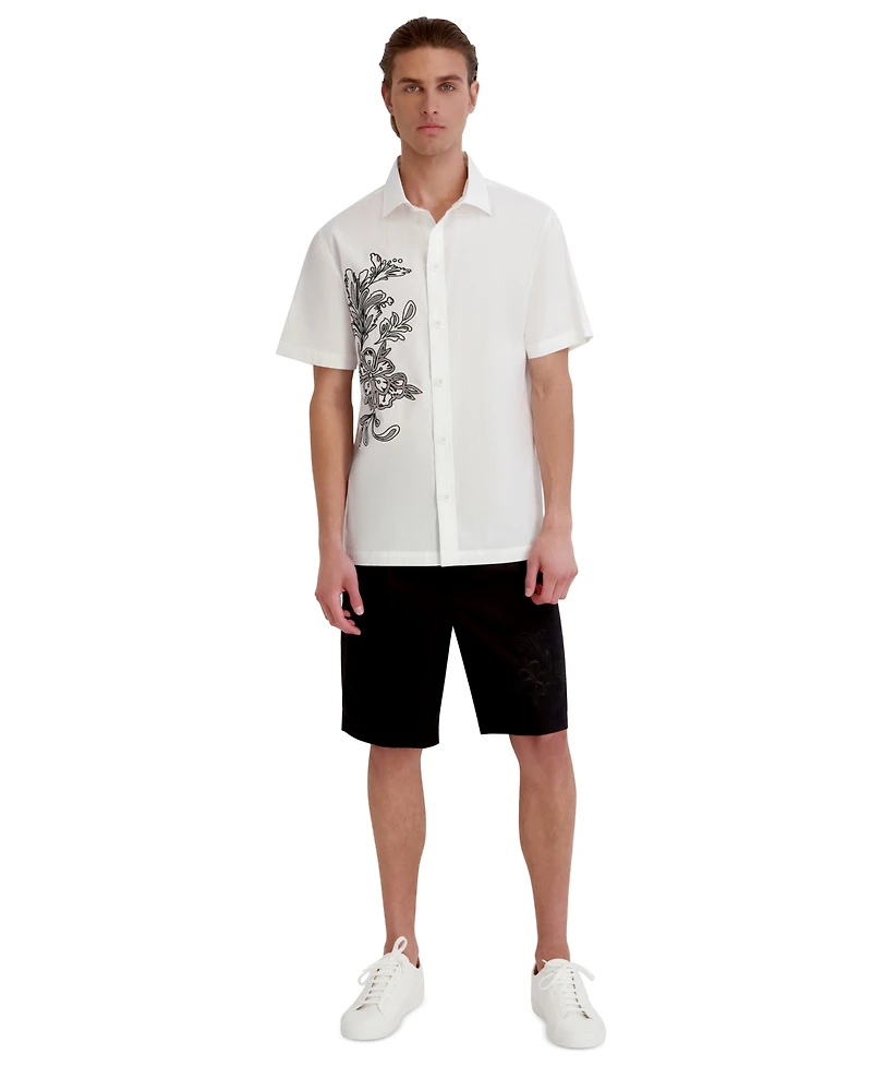 Karl Lagerfeld Paris Men's Laser Cut Embroidered Flower Woven Shirt