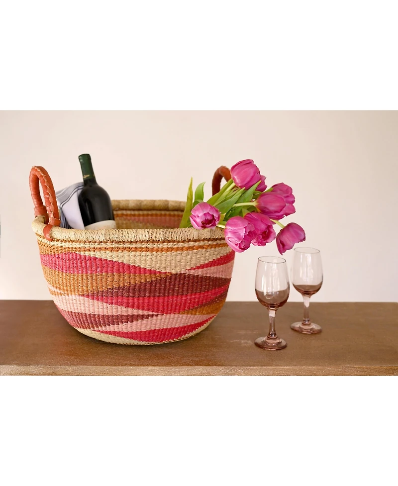 African Modern, Triangle Design Bolga Basket with Leather Handles