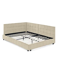 Rainsken Full Daybed L-Shaped, Modern Velvet Upholstered Sofa Day Bed, with Wood Slats, for Living Room Bedroom Guest Room, No Box Spring Needed