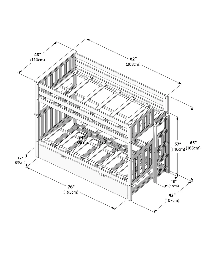Max & Lily Bunk Bed with Ladder on End and Trundle, Twin-Over-Twin Frame for Kids