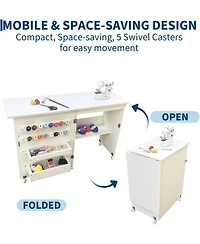 gaomon Folding Sewing Table, Sewing Machine Table with Wheels, Storage Shelves, Trays, Wooden Pegs, Magnetic Door Catch