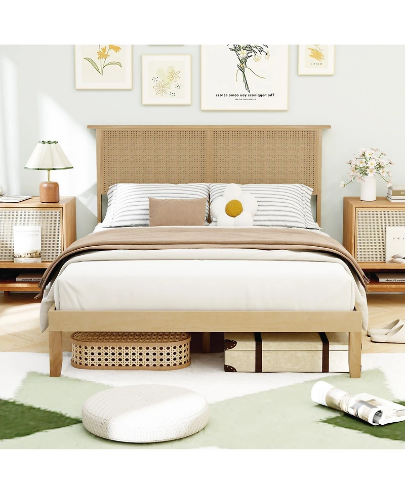 Slickblue Bed Frame with Rattan Headboard, Sturdy Platform Bed for Bedroom