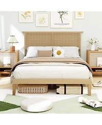 Slickblue Bed Frame with Rattan Headboard, Sturdy Platform Bed for Bedroom