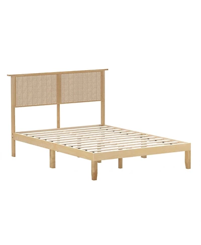 Slickblue Bed Frame with Rattan Headboard, Sturdy Platform Bed for Bedroom