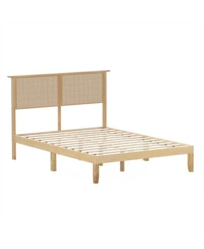 Slickblue Bed Frame With Rattan Headboard Sturdy Platform Bed For Bedroom