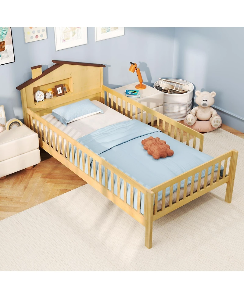 Slickblue Kids Montessori House Bed with Headboard and Storage Shelf