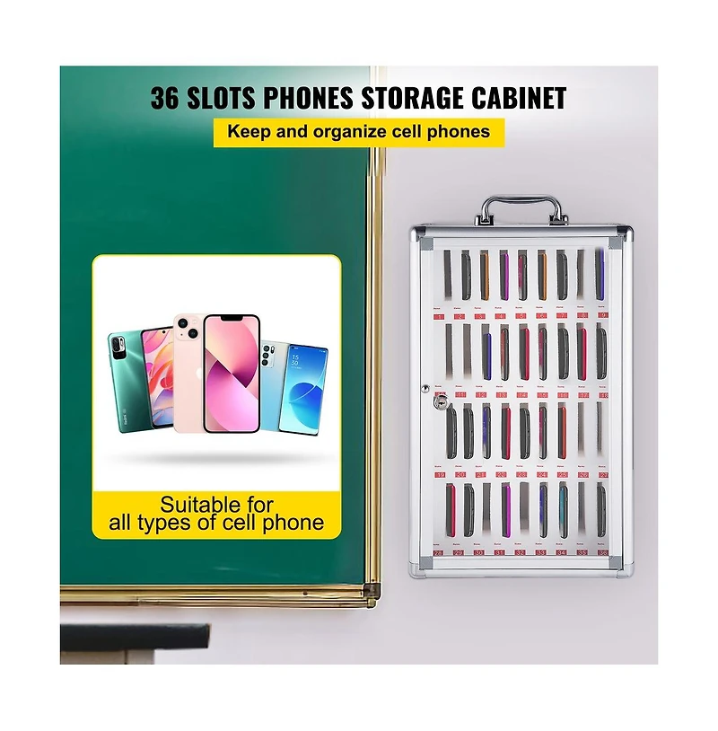 Sugift 36-Slot Cell Phone Storage Cabinet with Key Lock, Aluminum Alloy, Wall Mounted or Freestanding