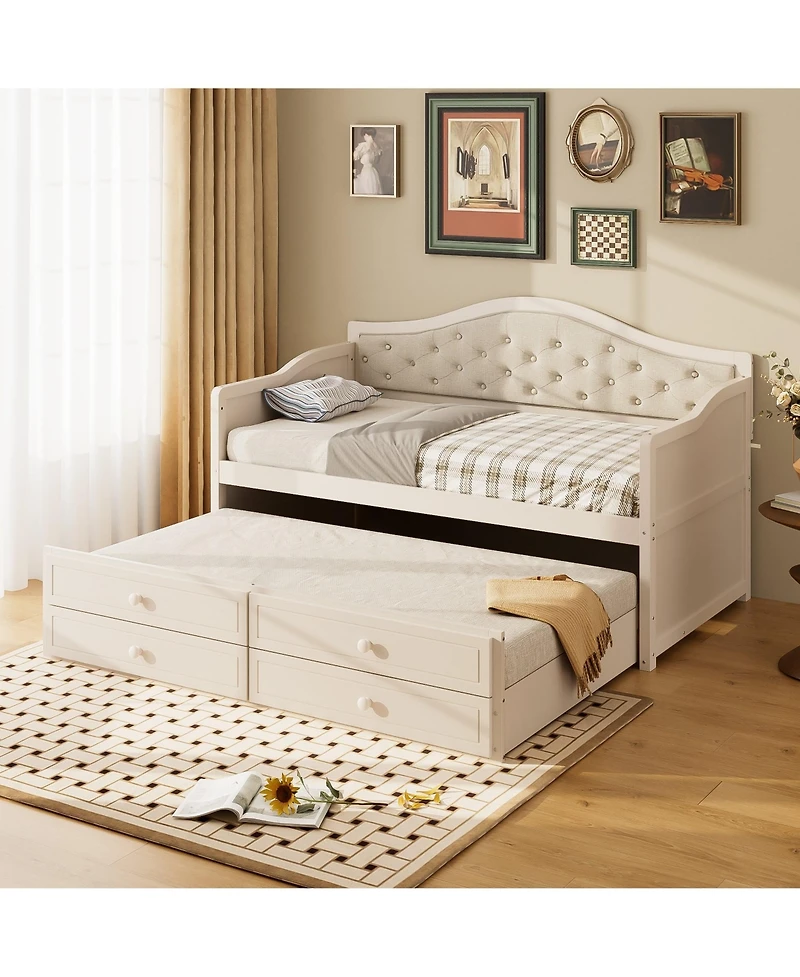 Clihome Twin Daybed with 2 Storage Drawers, Wooden Sofa Bed Upholstered Button Tufted Backrest for Living Room