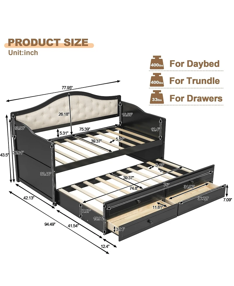 Clihome Twin Daybed with 2 Storage Drawers, Wooden Sofa Bed Upholstered Button Tufted Backrest for Living Room