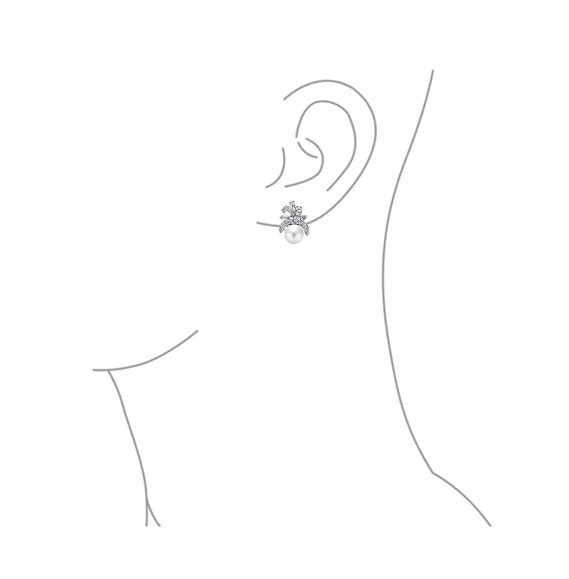Bling Jewelry Victorian Style Cz Ribbon White Pearl Bow Stud Earrings .925 Sterling Silver