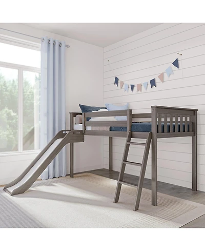 Max & Lily Twin Low Loft Bed with Slide, Solid Wood Kids Platform 14 inch Guardrails