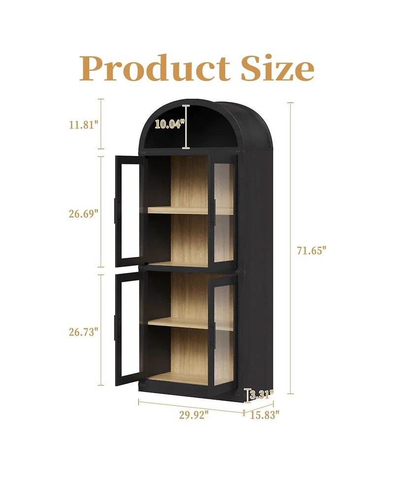 gaomon Arched Bookshelf with Doors and Drawers, 71.4" Farmhouse Bookcase, 15.83" Deep Wooden Display Cabinet