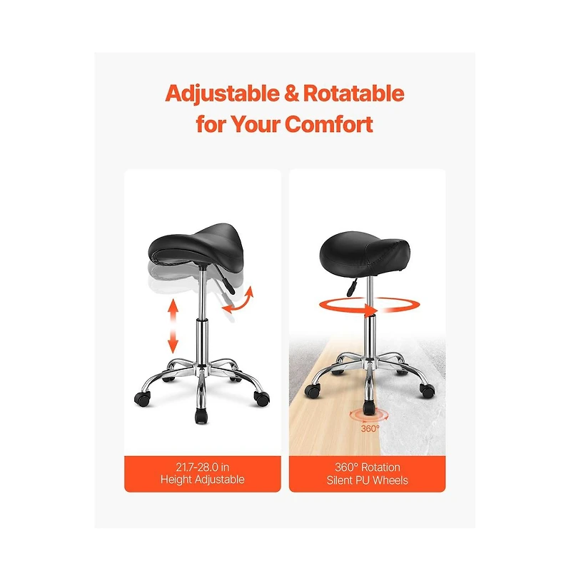Sugift Ergonomic Saddle Stool with Wheels, 450 lbs Capacity Height Adjustable Pu Leather Swivel Chair for Salon Spa Massage Clinic