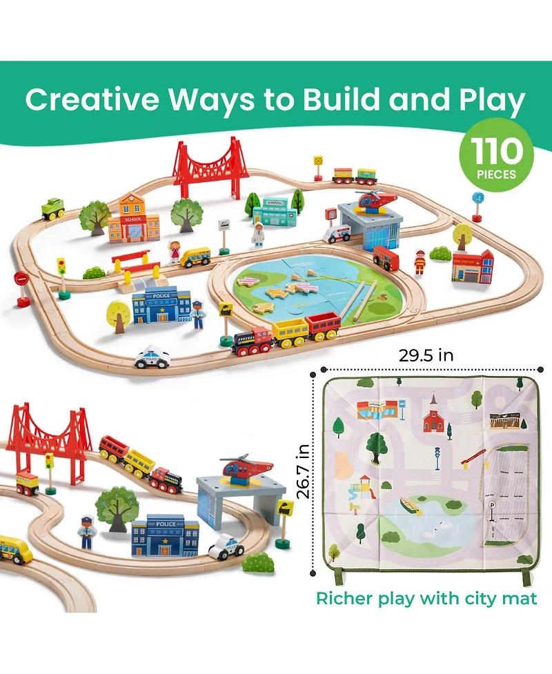 Tiny Land 110-Piece Wooden Train Set with Folding Storage Box