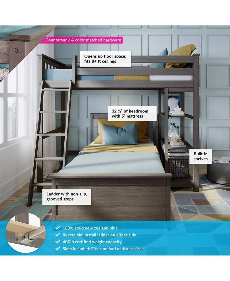 Max & Lily Solid Wood L-Shaped Twin over Bunk Bed with Bookcase for Kids