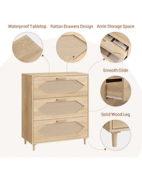 gaomon 3 Drawer Rattan Dresser for Bedroom, Modern Wood Chest of Drawers with Rattan Accents