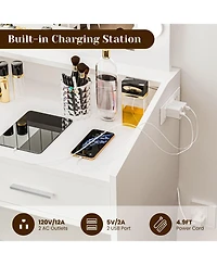 Homfan Modern Vanity Desk with Mirror, Led Lights, Power Outlet, Usb Ports, 2 Drawers, 3 Lighting Modes, Stool, Hairdryer Holder, Bedroom Makeup Table