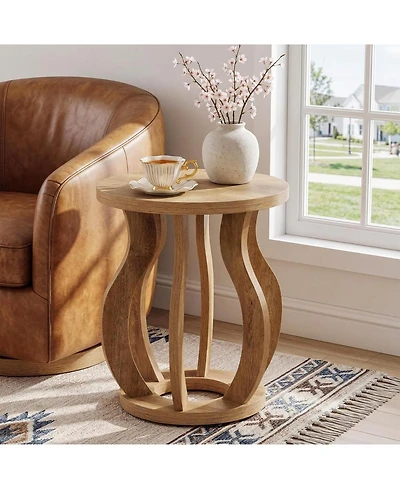 Tribesigns Round End Side Table: Farmhouse Wooden Side Table for Living Room, Bedside Nightstand with Curved Frame, Accent Nightstand