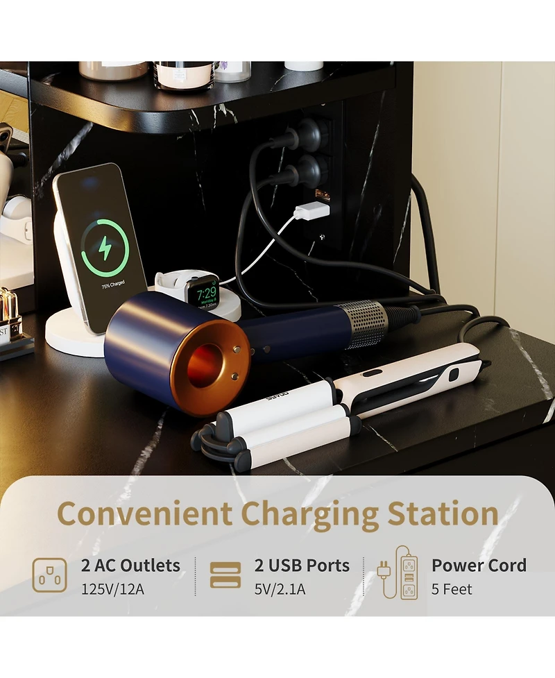 Homfan Makeup Vanity Desk with Mirror and Led Lights, 6 Storage Shelves, 2 Drawers, Cushioned Stool, Built-in Power Outlet, Dressing Room Table Set