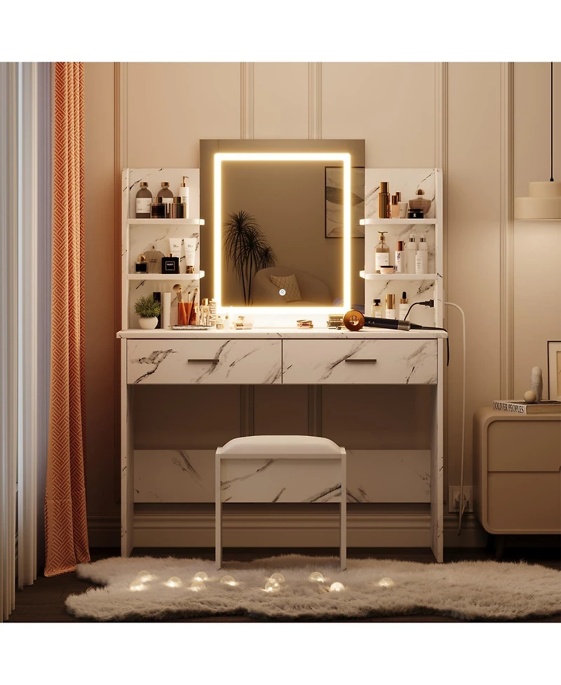 Homfan Makeup Vanity Desk with Mirror and Led Lights, 6 Storage Shelves, 2 Drawers, Cushioned Stool, Built-in Power Outlet, Dressing Room Table Set