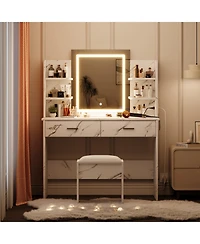 Homfan Makeup Vanity Desk with Mirror and Led Lights, 6 Storage Shelves, 2 Drawers, Cushioned Stool, Built-in Power Outlet, Dressing Room Table Set