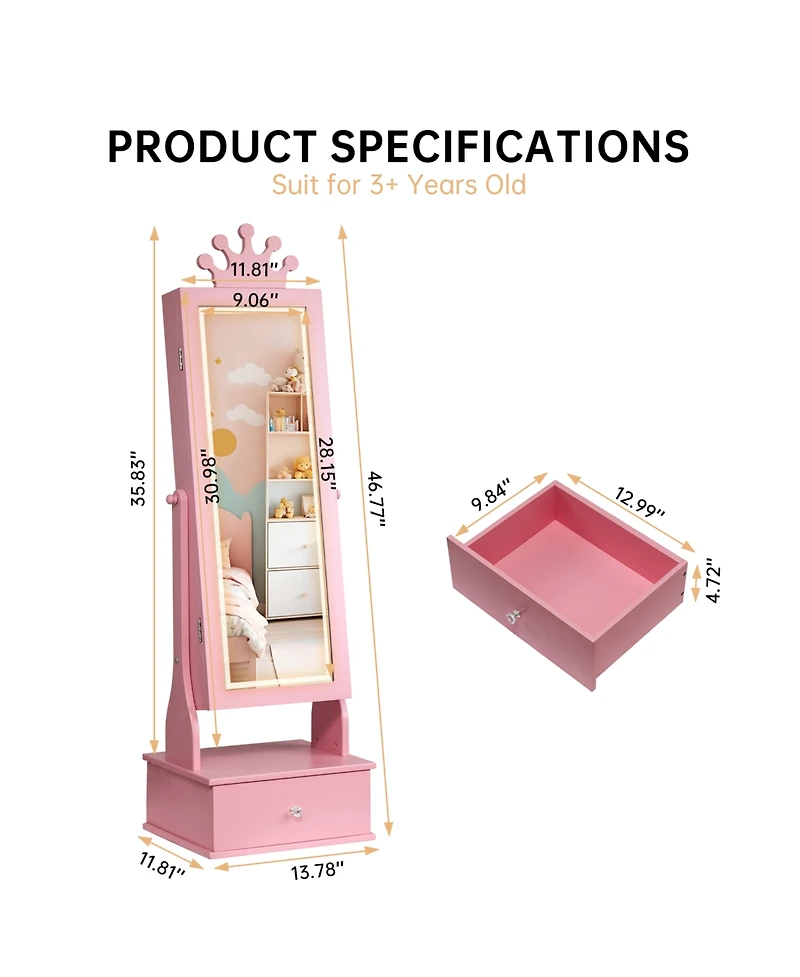 homfan Freestanding Jewelry Armoire Cabinet - Full-Length Mirror with Led Light Vanity Storage Organizer 3 Drawers Girls' Dress Up Gift