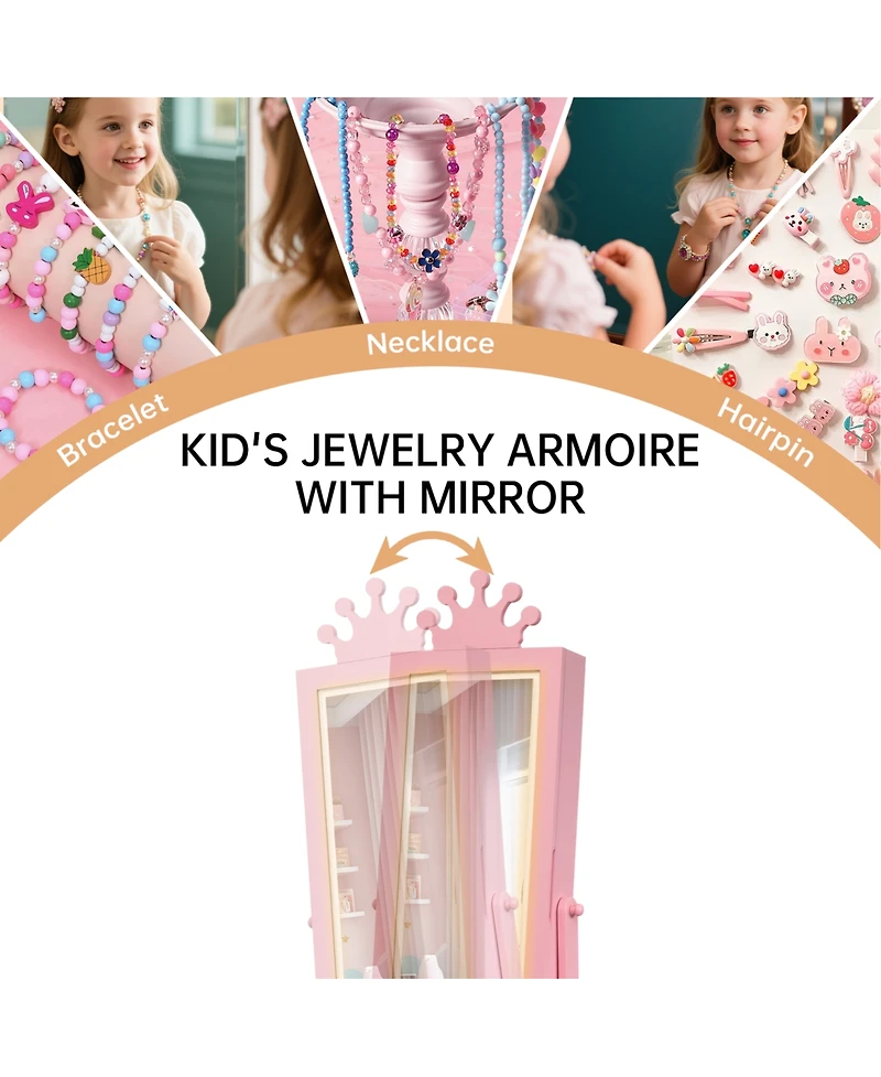 homfan Freestanding Jewelry Armoire Cabinet - Full-Length Mirror with Led Light Vanity Storage Organizer 3 Drawers Girls' Dress Up Gift