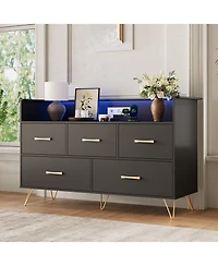 gaomon 47" 5 Drawer Dresser with Led Lights and Charging Station, Wood Storage Cabinet for Bedroom