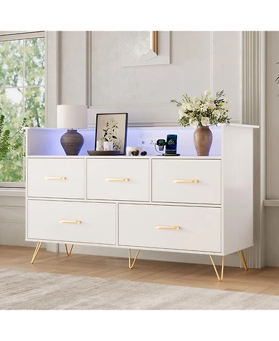 gaomon 47" 5 Drawer Dresser with Led Lights and Charging Station, Wood Storage Cabinet for Bedroom