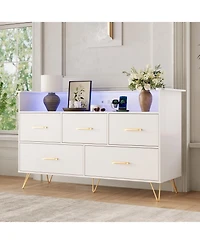gaomon 47" 5 Drawer Dresser with Led Lights and Charging Station, Wood Storage Cabinet for Bedroom