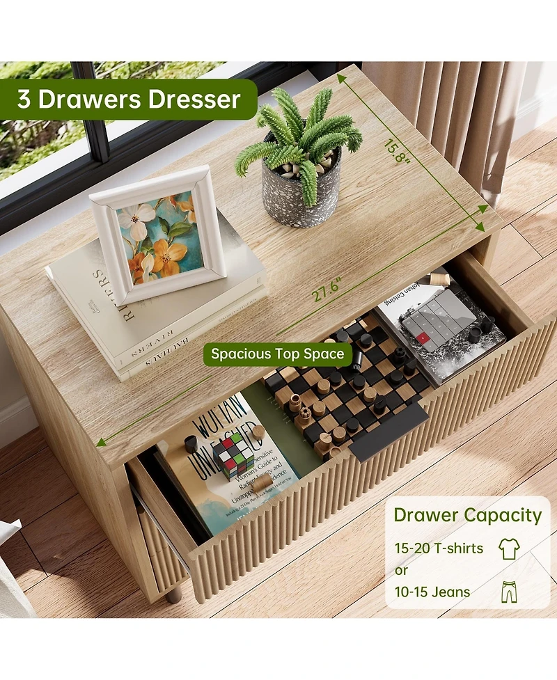 gaomon 3 Drawer Fluted Dresser for Bedroom, Modern Wide Chest of Drawers with Metal Legs