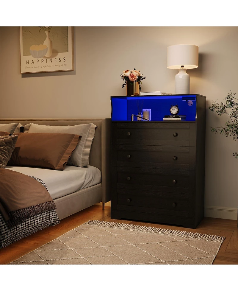 gaomon 4 Drawer Tall Dresser with Led Lights and Charging Station, Wood Storage Cabinet Nightstand