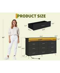 gaomon 9 Drawer Wood Dresser with Led Lights and Charging Station, App Controlled Storage Cabinet