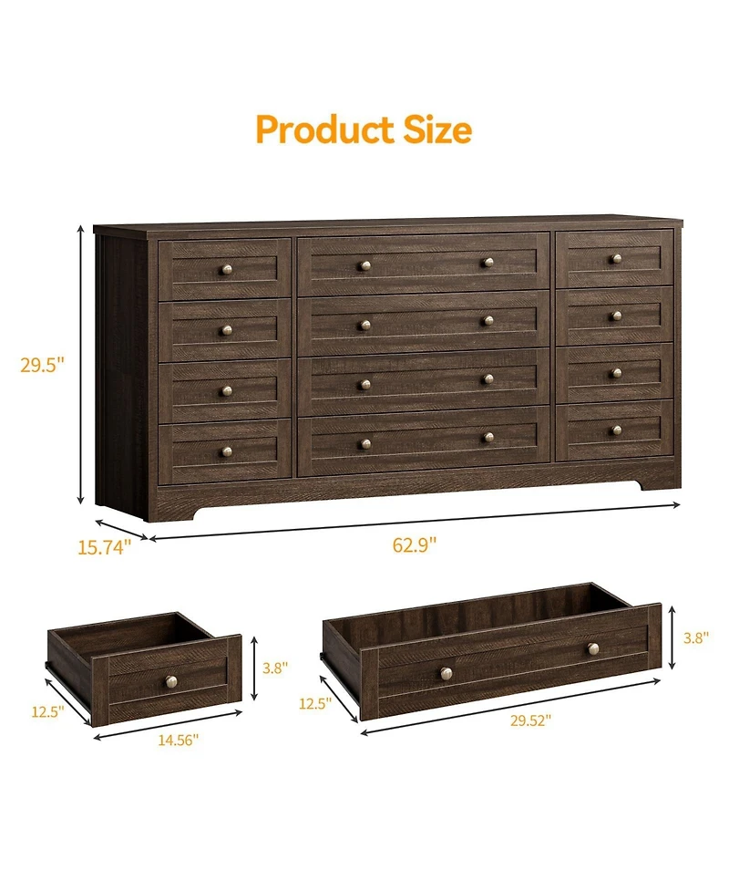 gaomon 12 Drawer Wood Dresser with Wide Top for 65" Tv, Modern Farmhouse Storage Cabinet Bedroom