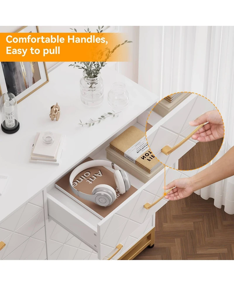 gaomon 8 Drawer Wooden Dresser for Bedroom and Closet, Modern Storage Chest with Gold Handles