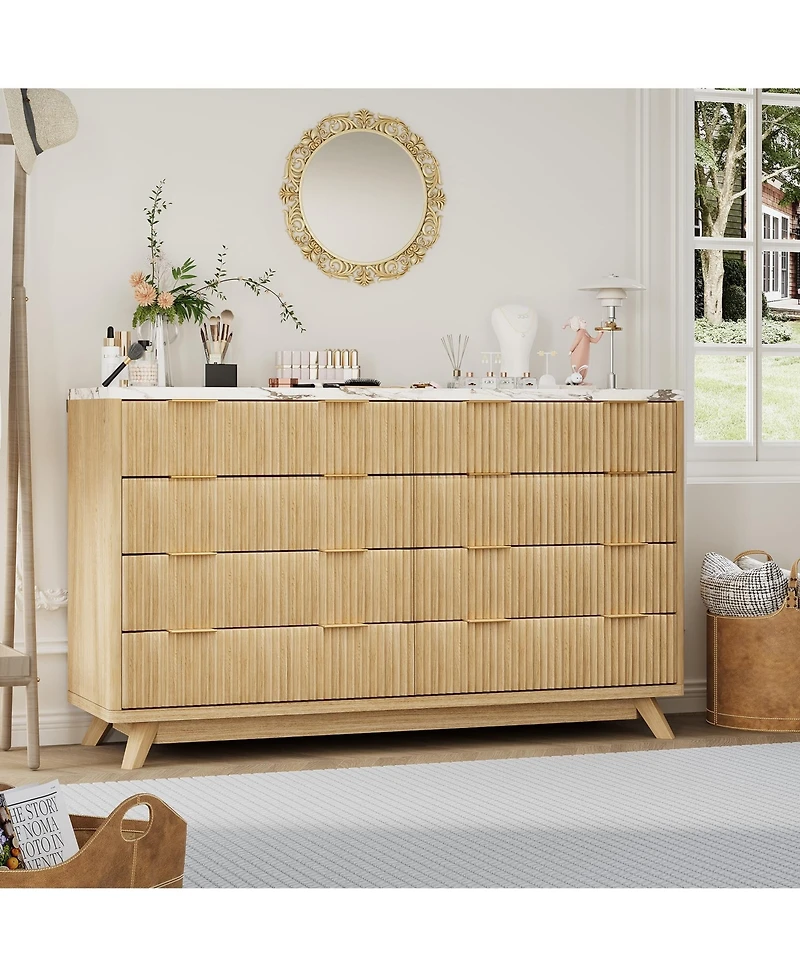 gaomon 54" Fluted 8 Drawer Dresser with Curved Design and Metal Handles, Wood Storage Chest