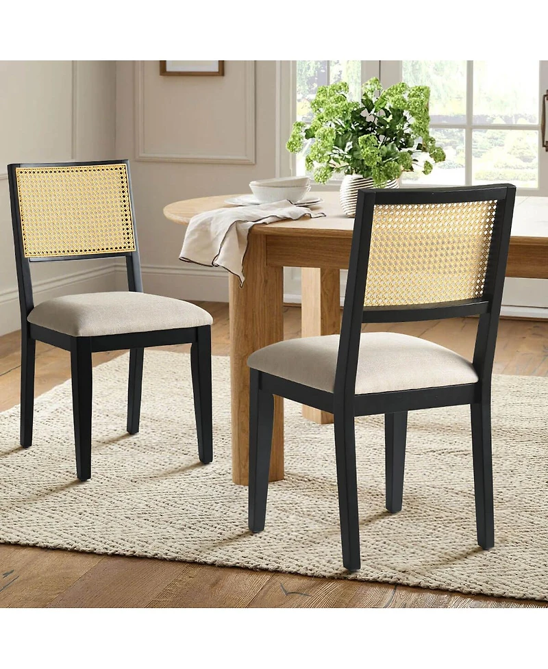 Maison Boucle Cane Back Upholstered Dining Chairs Set of 2, Farmhouse Wood