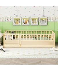 flynama Montessori Wooden Floor Bed With High Barrier And Door Wood For Kids Bedroom