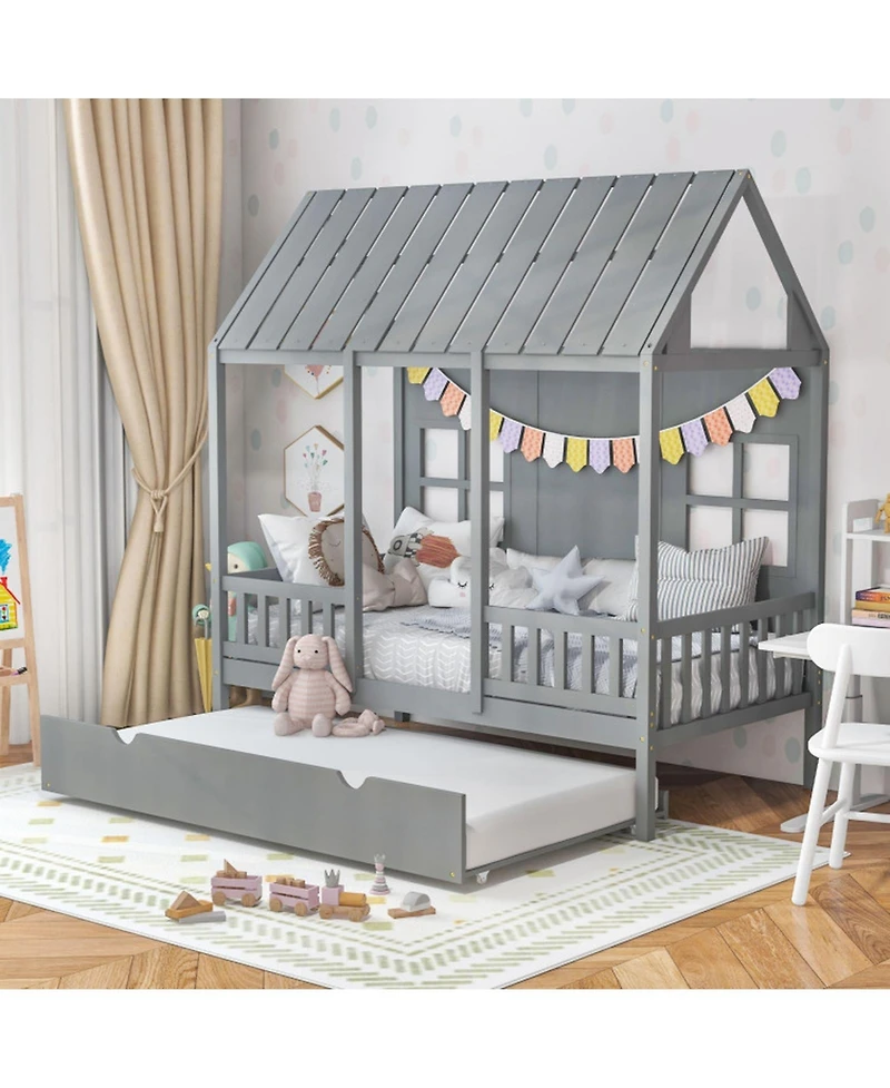 Gouun House Bed Frame with Pull-Out Trundle and 82-Inch Roof