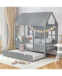 Gouun House Bed Frame with Pull-Out Trundle and 82-Inch Roof